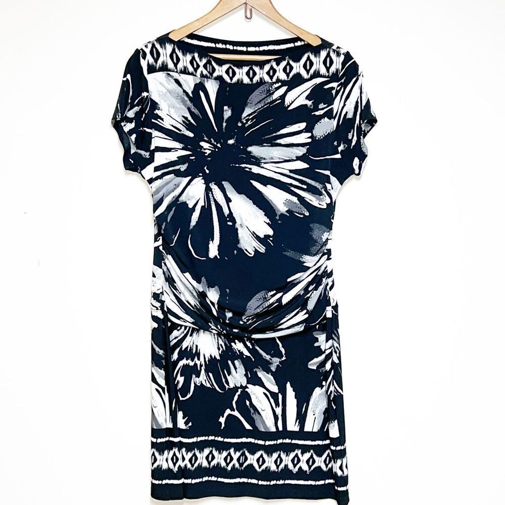 NWOT St Tropez Black White Tropical Jersey Boatneck Shift Dress Sz Womens 14